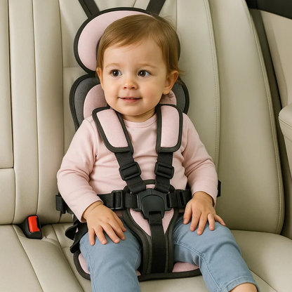 "Seggiolino auto per bambini portatile blu con design pieghevole, cinghie di sicurezza e imbottitura confortevole."