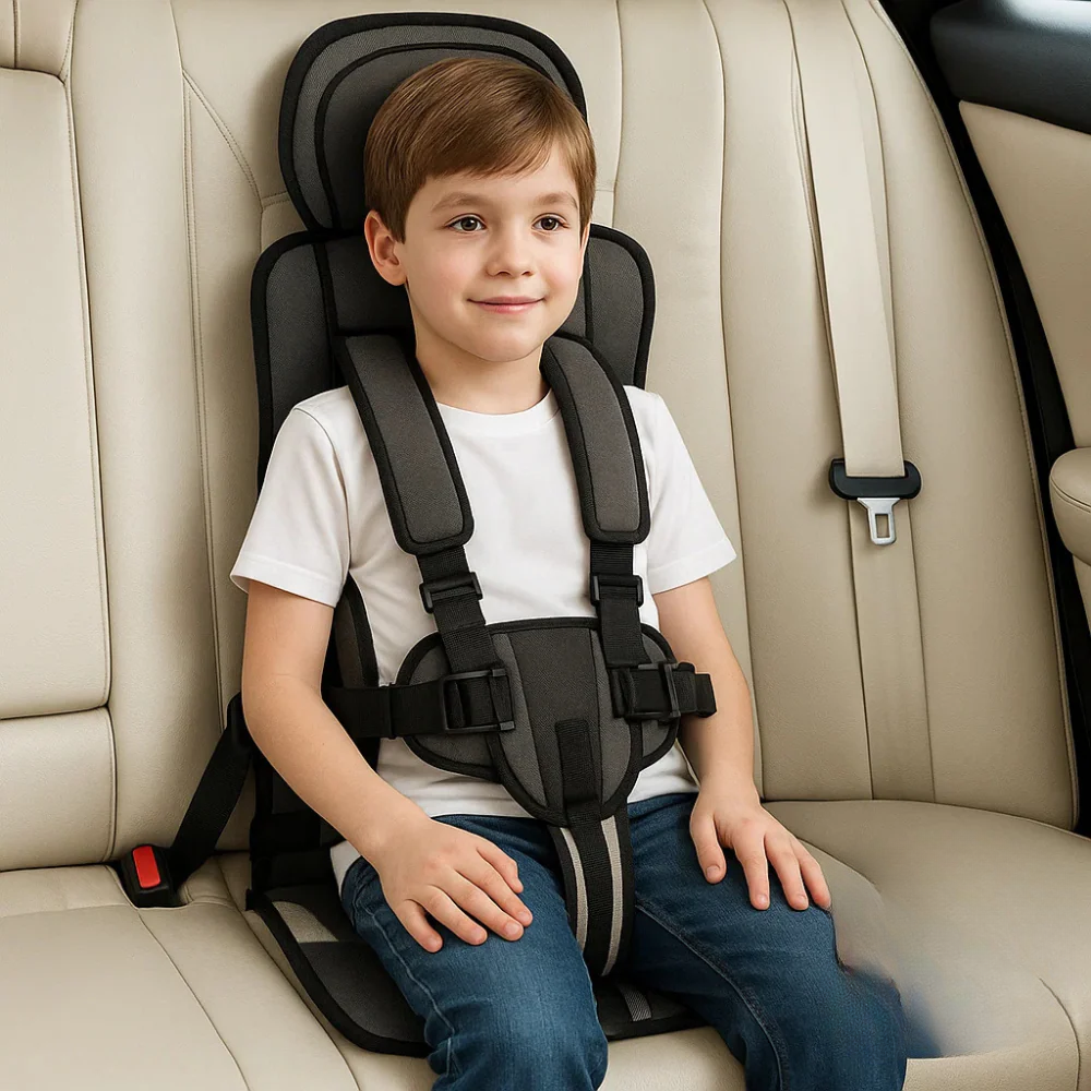 "Seggiolino auto per bambini portatile blu con design pieghevole, cinghie di sicurezza e imbottitura confortevole."