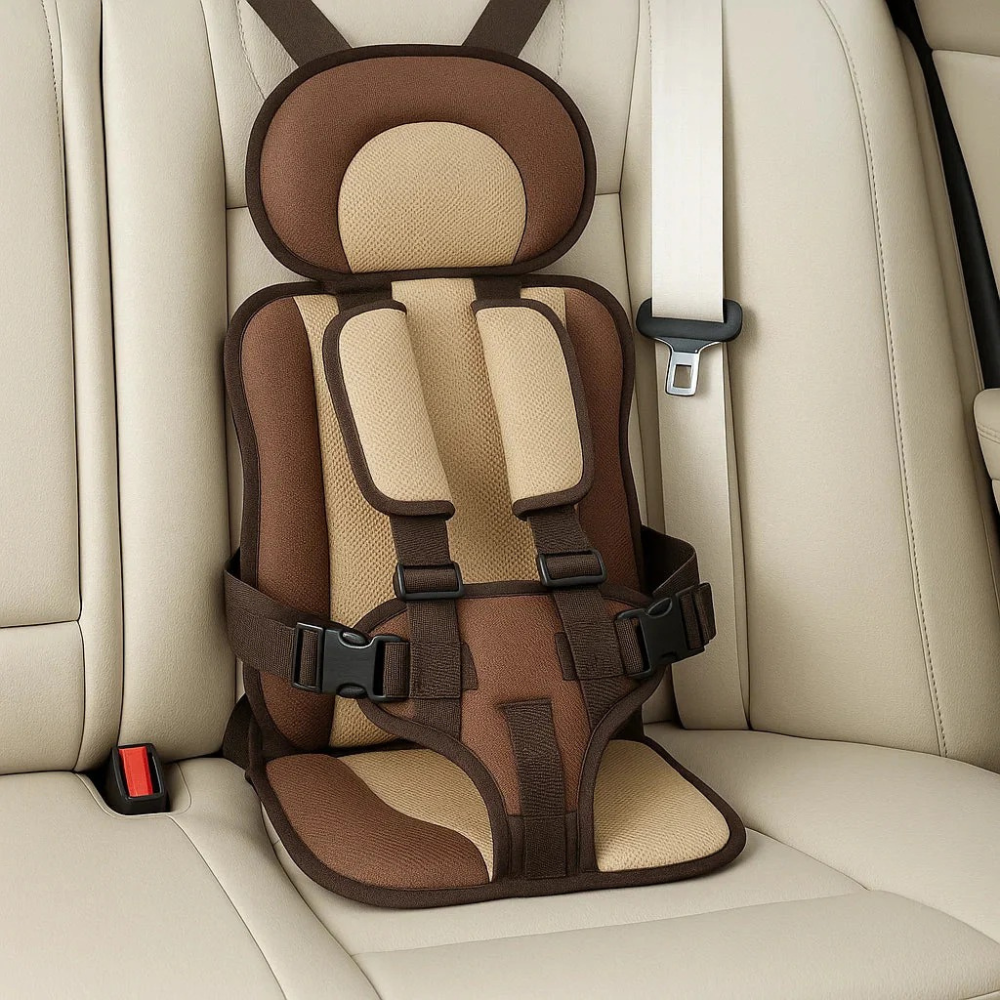 "Seggiolino auto per bambini portatile blu con design pieghevole, cinghie di sicurezza e imbottitura confortevole."
