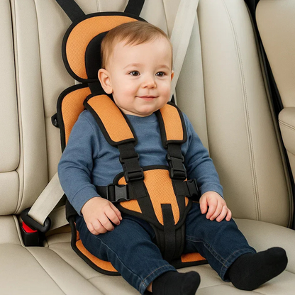 "Seggiolino auto per bambini portatile blu con design pieghevole, cinghie di sicurezza e imbottitura confortevole."