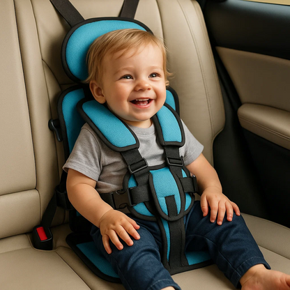 "Seggiolino auto per bambini portatile blu con design pieghevole, cinghie di sicurezza e imbottitura confortevole."