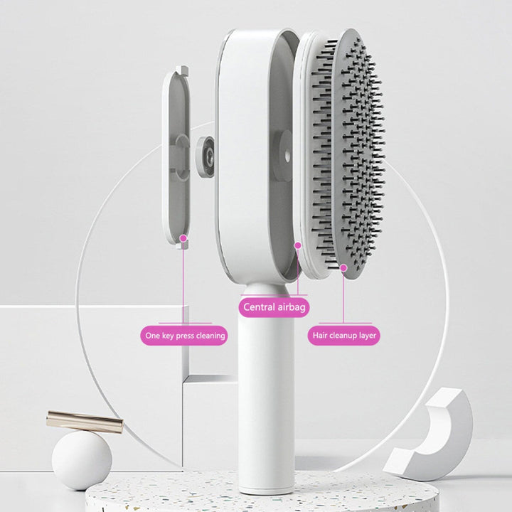 Ergonomic self-cleaning hair brush quickly detangles wet or dry hair, reduces breakage, healthy scalp.