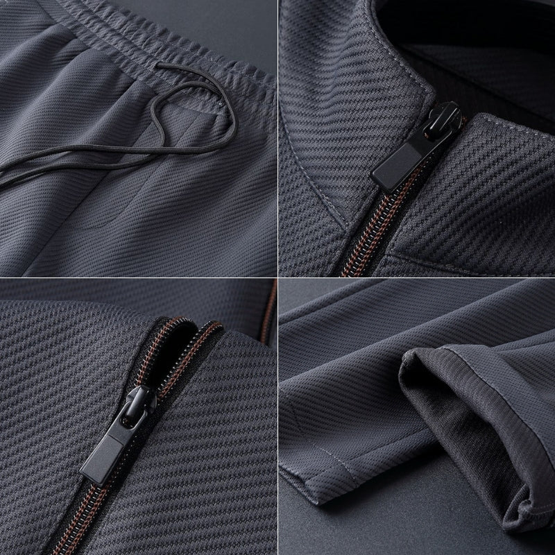 "Set da tuta uomo in Lycra nera, giacca con cerniera e pantaloni aderenti, ideale per sport e look casual."