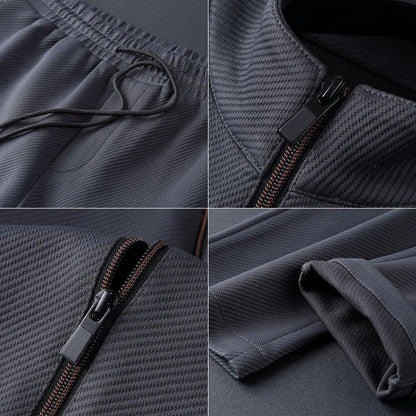 "Set da tuta uomo in Lycra nera, giacca con cerniera e pantaloni aderenti, ideale per sport e look casual."
