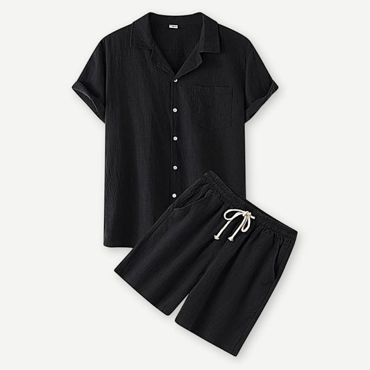"Set estivo 2 pezzi uomo, lino bianco, design elegante, camicia e pantaloni, perfetto per giornate calde."