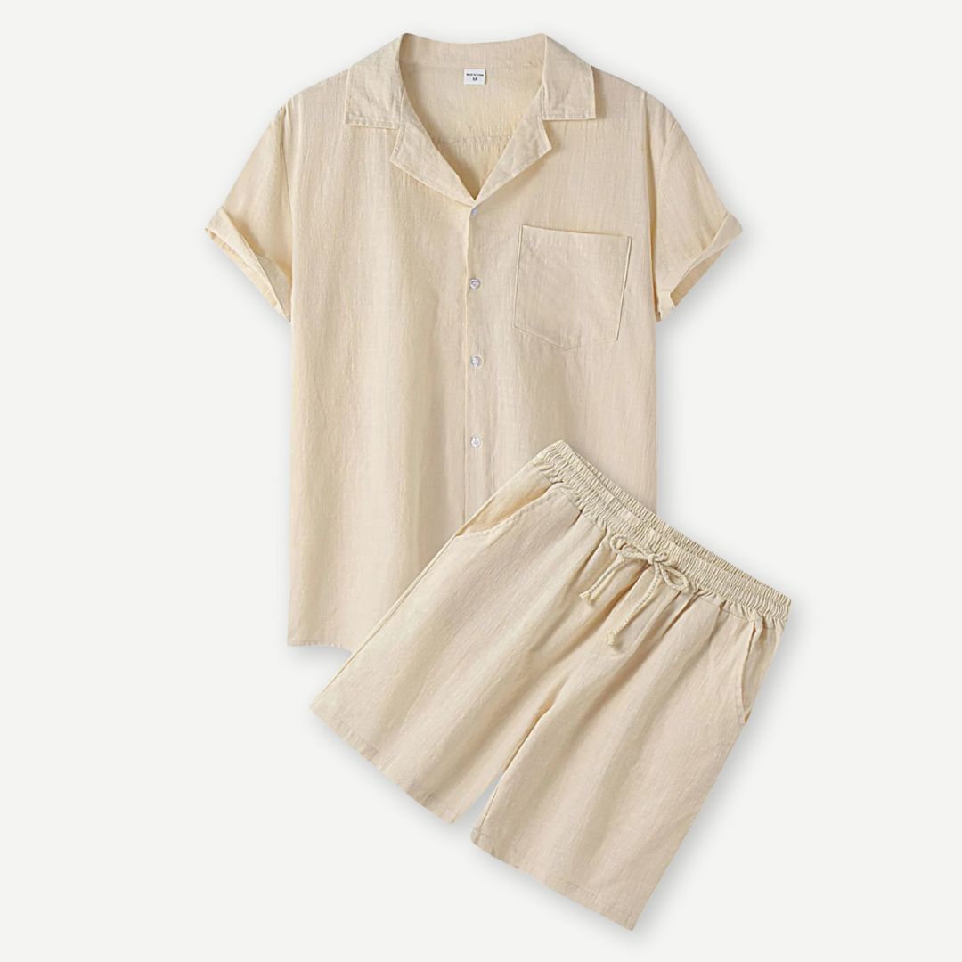 "Set estivo 2 pezzi uomo, lino bianco, design elegante, camicia e pantaloni, perfetto per giornate calde."