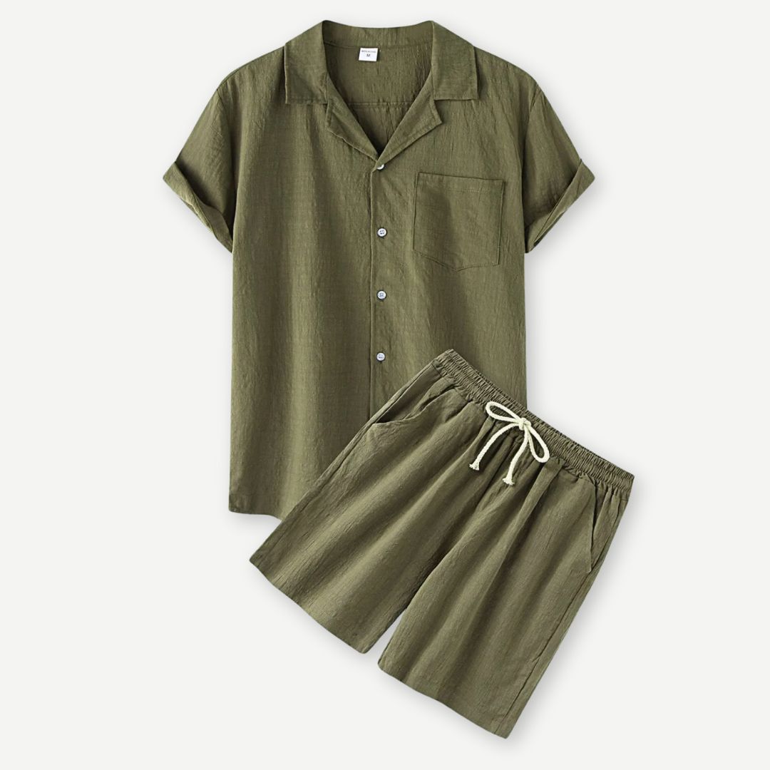 "Set estivo 2 pezzi uomo, lino bianco, design elegante, camicia e pantaloni, perfetto per giornate calde."