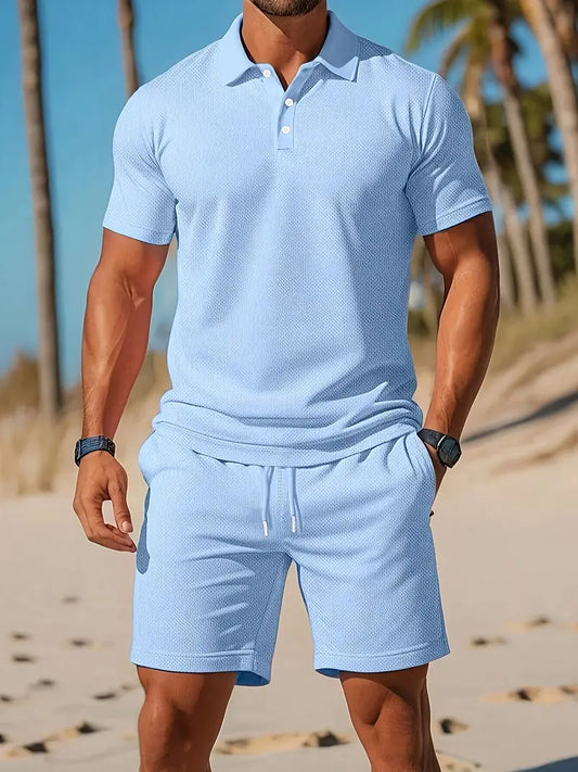 "Set estivo polo uomo, colori solidi, vestibilità versatile, materiale traspirante, ideale per occasioni casual e sportive."