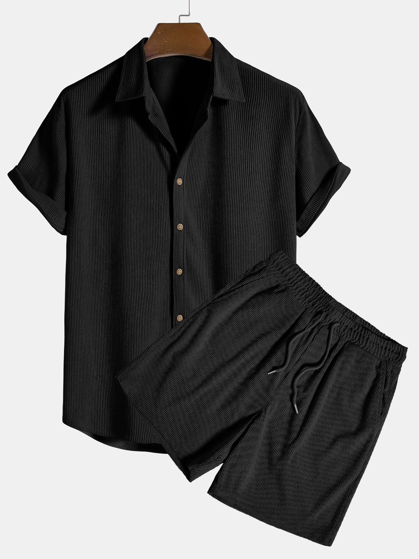 "Set estivo uomo velluto a coste, maglietta grigia a maniche corte e pantaloncini coordinati, elegante e casual"