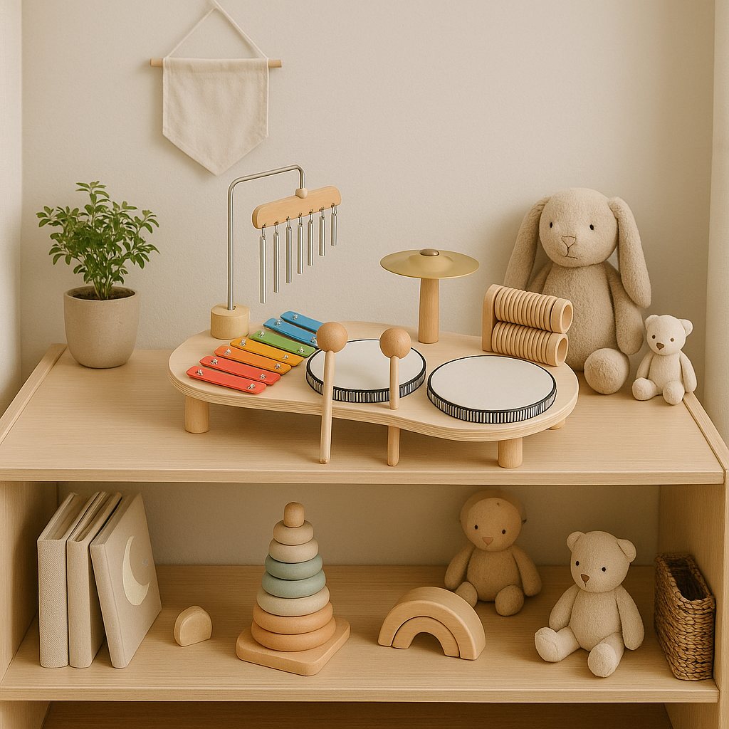 Set musicale per bambini in legno, strumenti colorati, tamburo e gong, stimola creatività e abilità musicali.