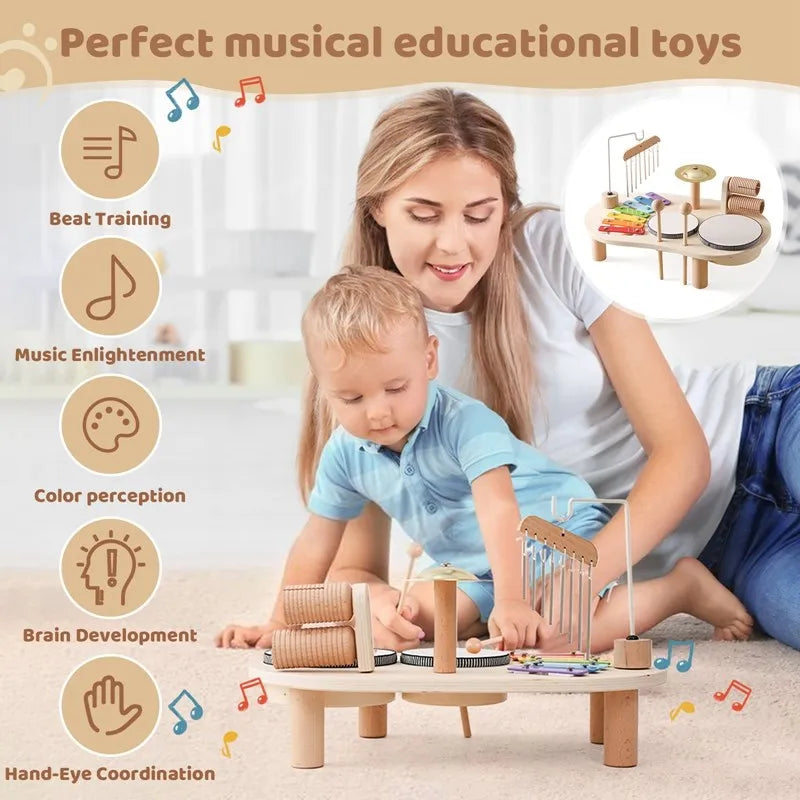 Set musicale per bambini in legno, strumenti colorati, tamburo e gong, stimola creatività e abilità musicali.