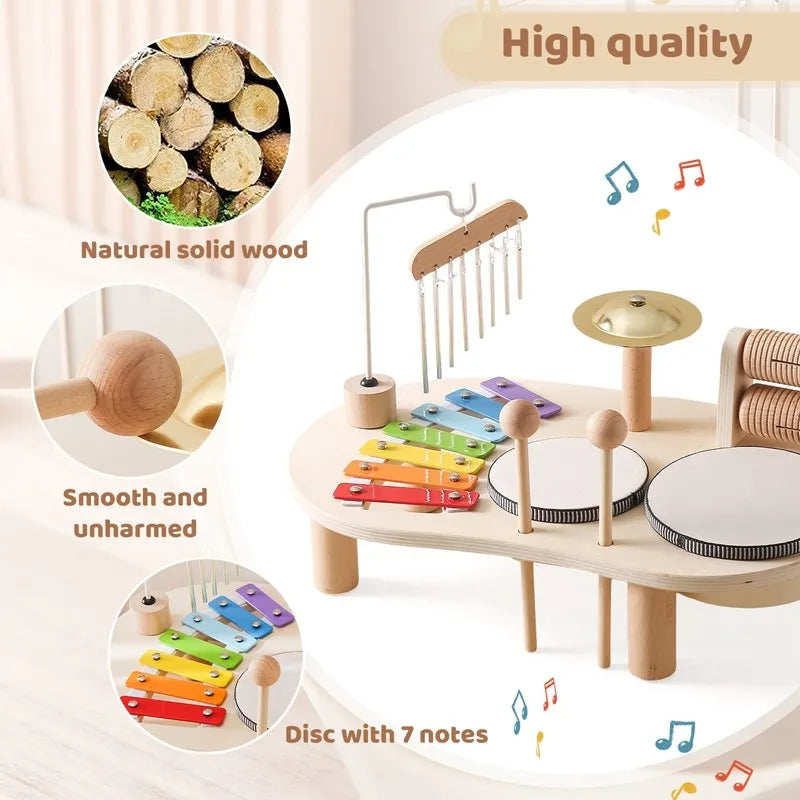 Set musicale per bambini in legno, strumenti colorati, tamburo e gong, stimola creatività e abilità musicali.