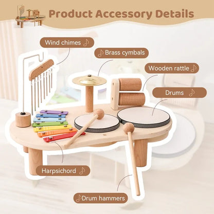 Set musicale per bambini in legno, strumenti colorati, tamburo e gong, stimola creatività e abilità musicali.