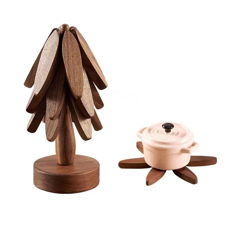 Stylish 4-piece wooden coasters & trivets with decorative tree design. Perfect walnut wood kitchen accessories.