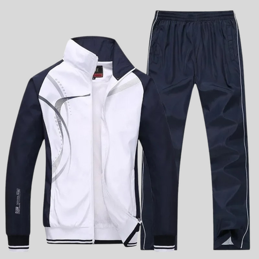 "Set sportivo uomo elegante, tessuto blu scuro, giacca con zip e pantaloni, design moderno, comfort elevato, vestibilità otti