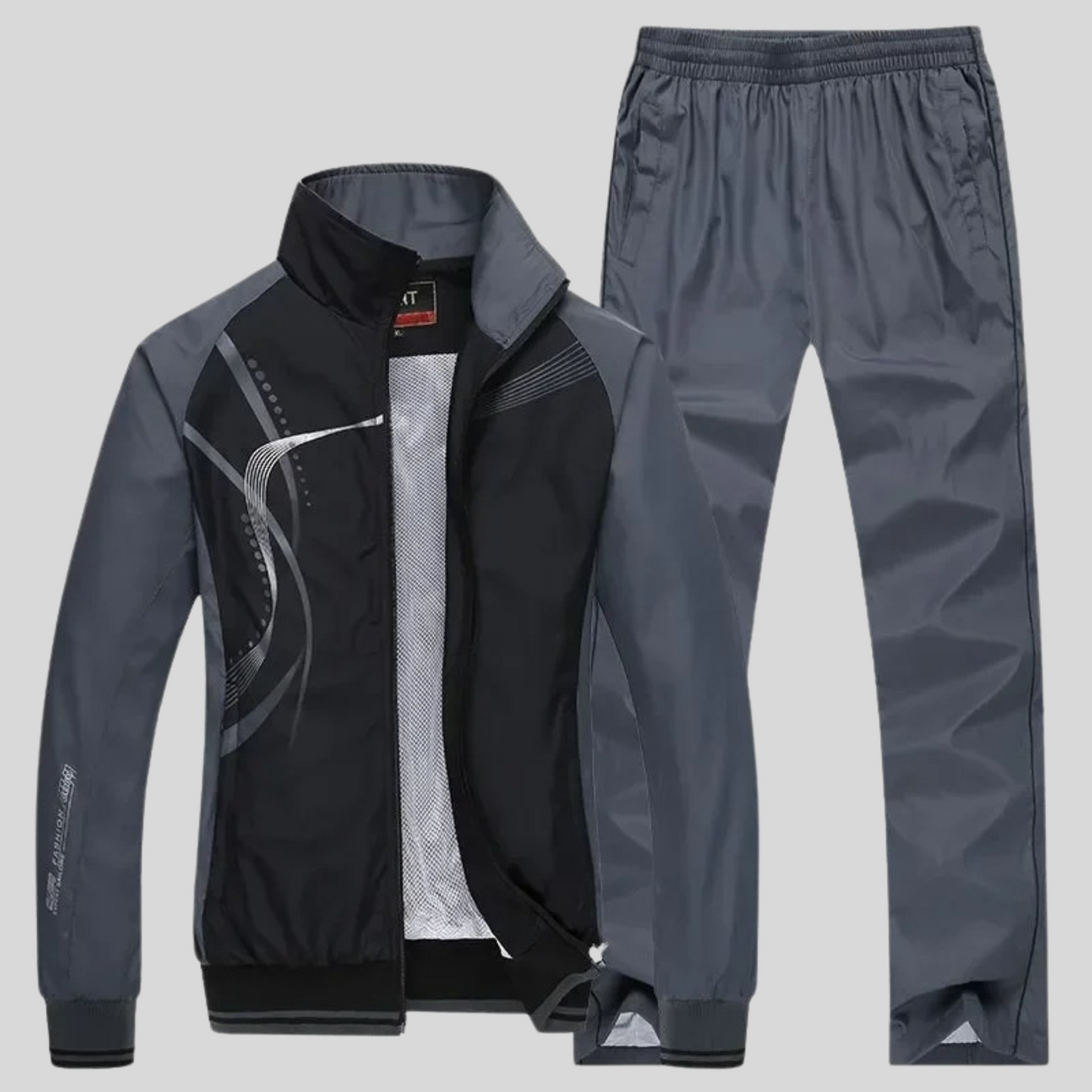 "Set sportivo uomo elegante, tessuto blu scuro, giacca con zip e pantaloni, design moderno, comfort elevato, vestibilità otti