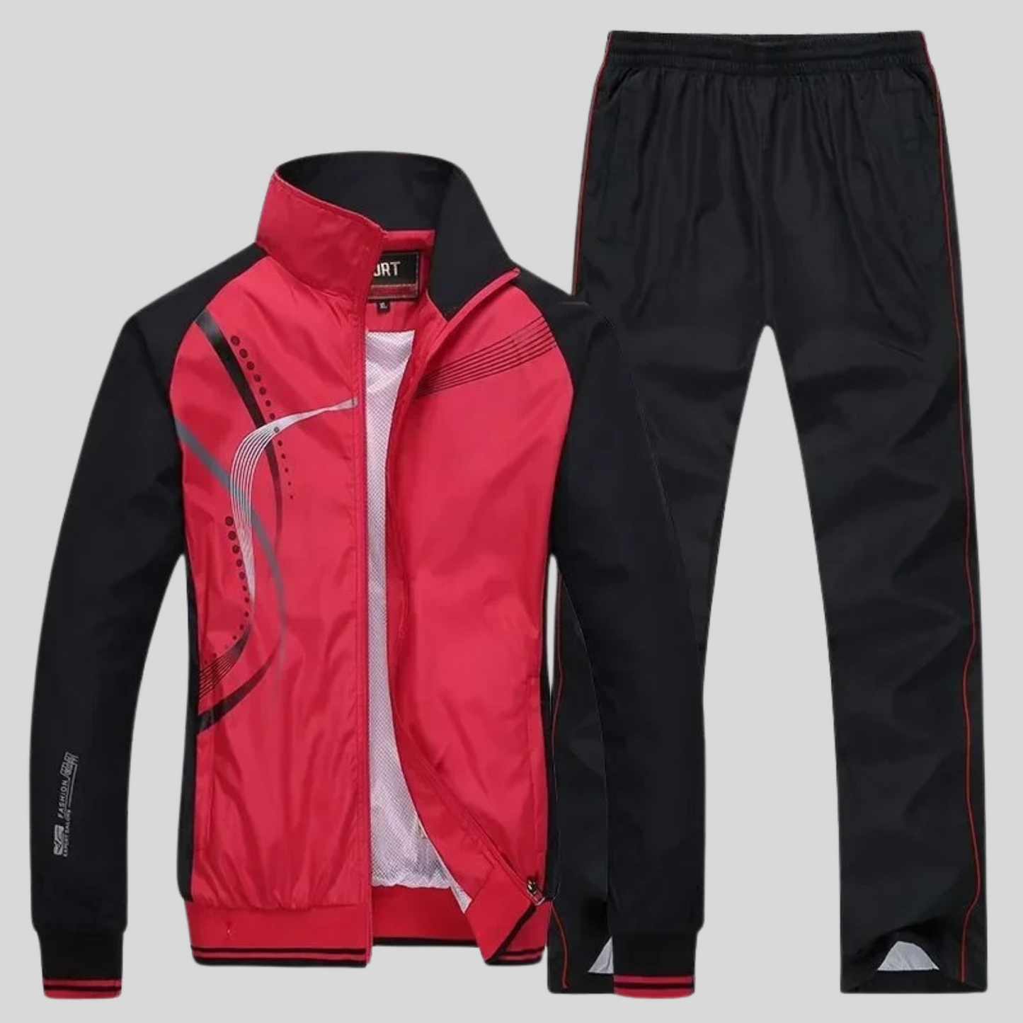 "Set sportivo uomo elegante, tessuto blu scuro, giacca con zip e pantaloni, design moderno, comfort elevato, vestibilità otti