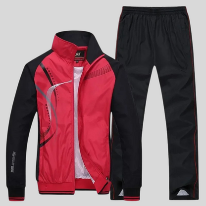 "Set sportivo uomo elegante, tessuto blu scuro, giacca con zip e pantaloni, design moderno, comfort elevato, vestibilità otti