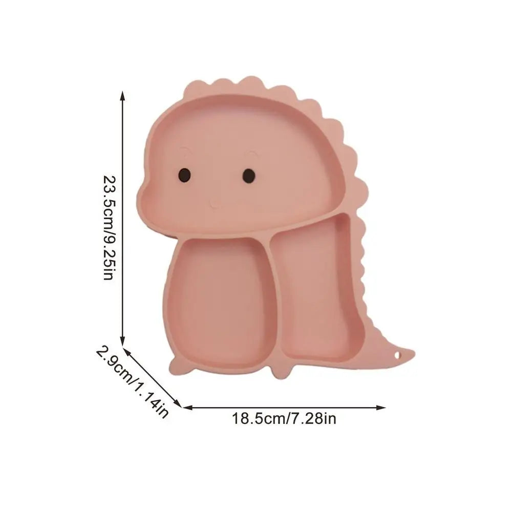 Set stoviglie silicone bambini, design dinosauro blu, antiscivolo, include piatto a ventosa, posate, bavaglino e bicchiere.