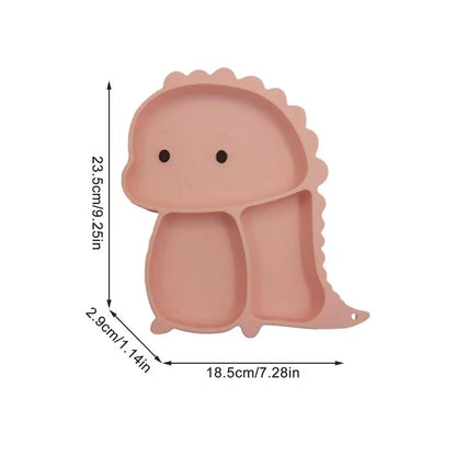 Set stoviglie silicone bambini, design dinosauro blu, antiscivolo, include piatto a ventosa, posate, bavaglino e bicchiere.