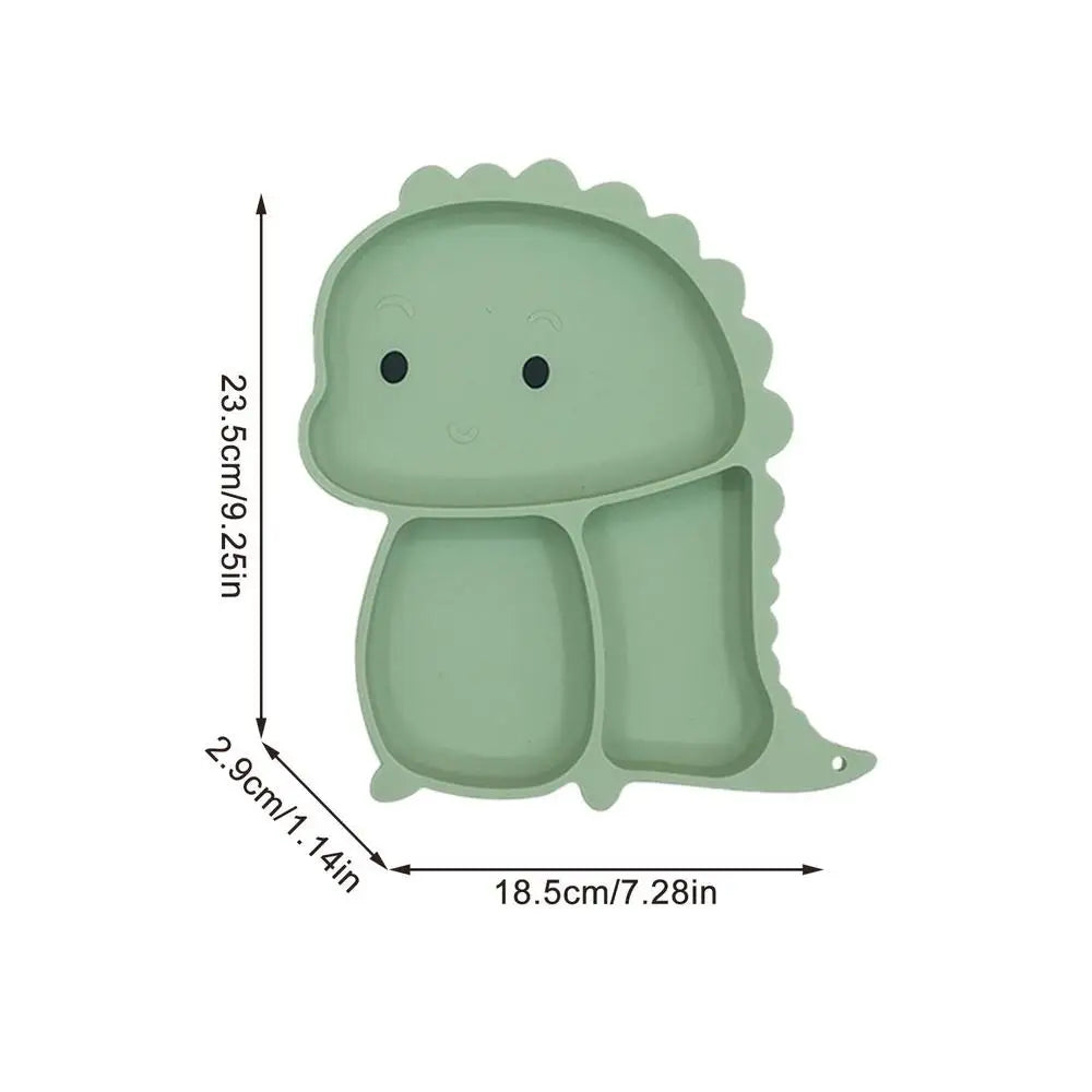 Set stoviglie silicone bambini, design dinosauro blu, antiscivolo, include piatto a ventosa, posate, bavaglino e bicchiere.