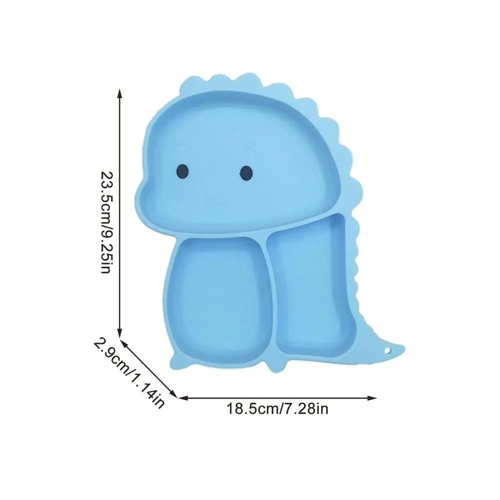 Set stoviglie silicone bambini, design dinosauro blu, antiscivolo, include piatto a ventosa, posate, bavaglino e bicchiere.