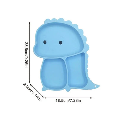 Set stoviglie silicone bambini, design dinosauro blu, antiscivolo, include piatto a ventosa, posate, bavaglino e bicchiere.