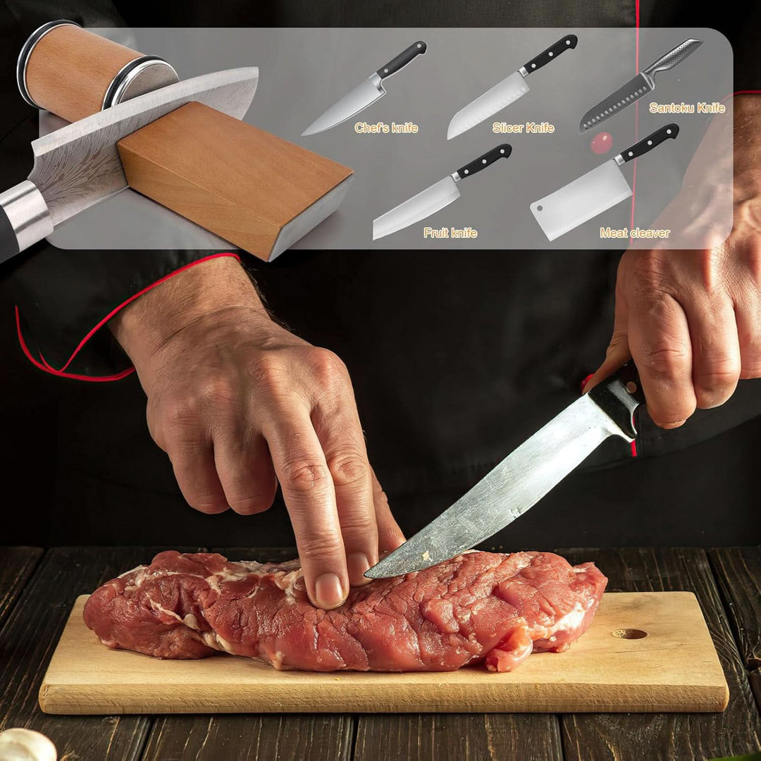 Close-up of SHARPEDGE diamond rolling knife sharpener, showing precise sharpening grooves.