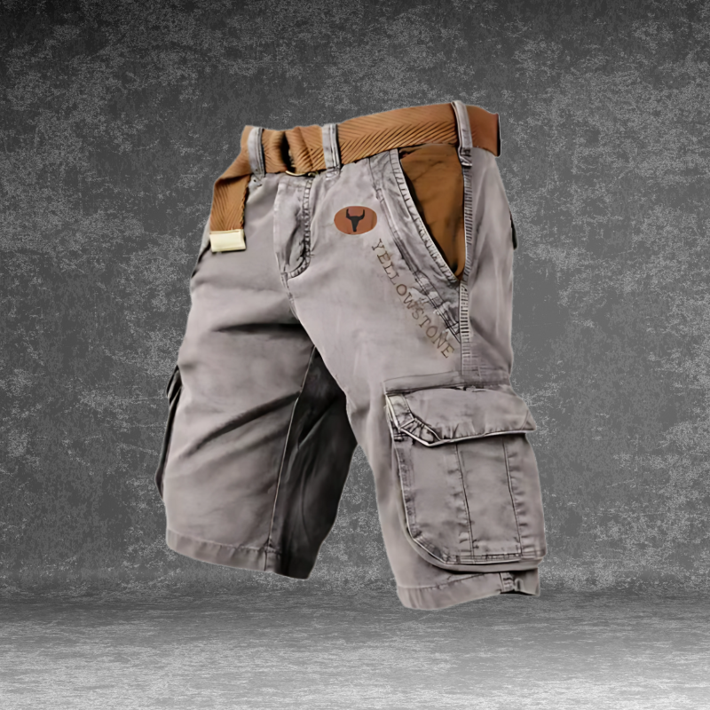 Shorts cargo uomo grigi con tasche multiple, design ergonomico per comfort e funzionalità, ideali per attività outdoor.