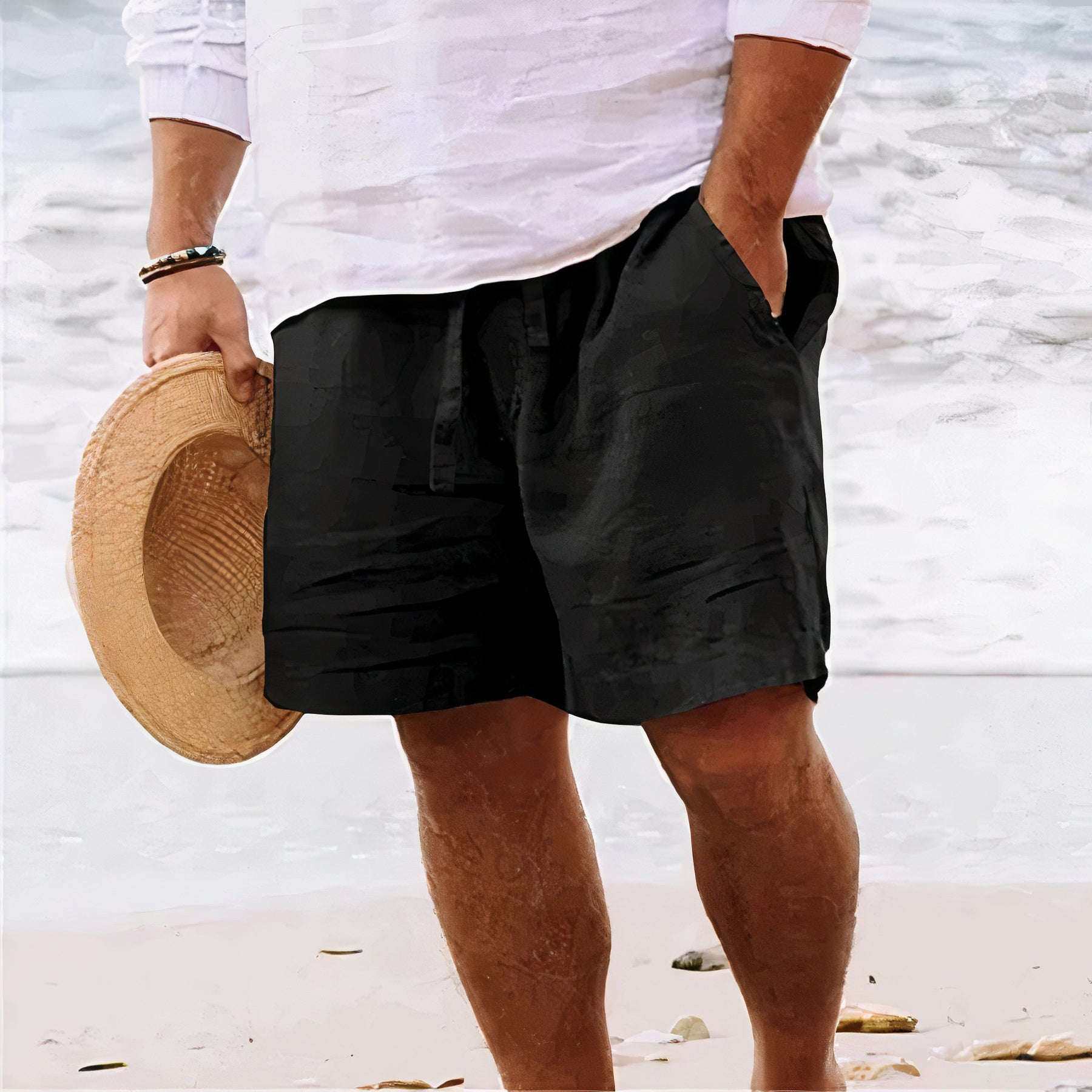 "Shorts uomo in lino azzurro chiaro, design elegante e traspirante per l'estate, ideale per look casual e raffinati."