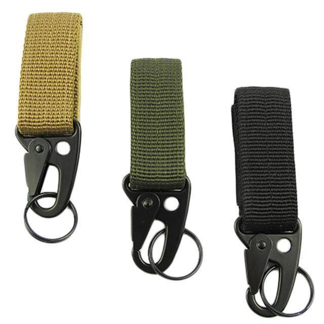 Durable black outdoor carabiner hook, essential for hiking, survival, and backpack accessories.