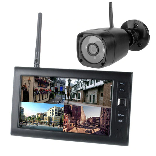 "Sistema di sicurezza wireless con telecamere visionabili, resistenti e adatte a uso esterno, offre monitoraggio notturno."