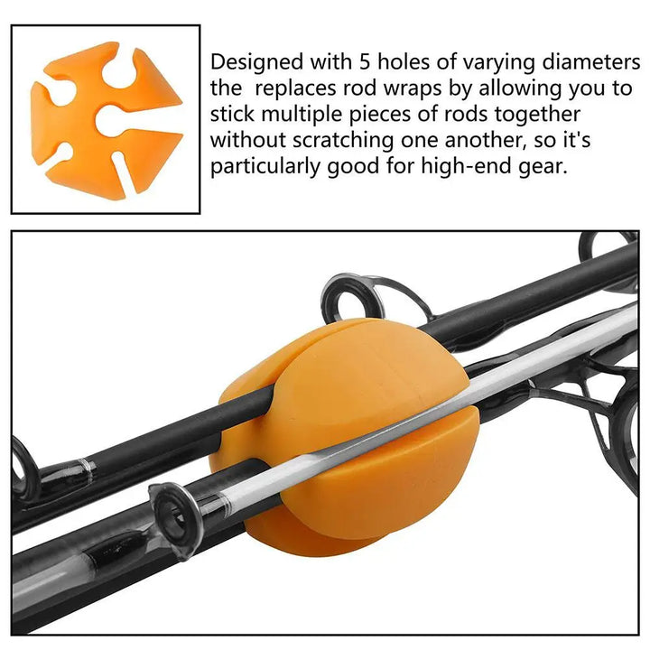 Fishing rod butt secured with a silicone strap, demonstrating effective rod protection and anti-tangle features.
