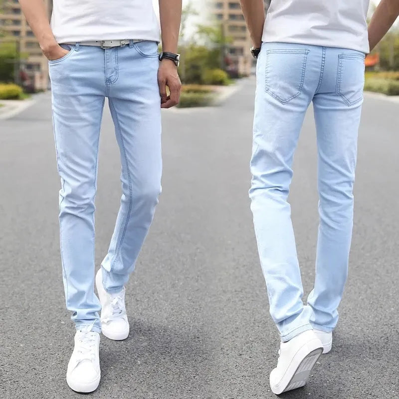 Stylish men's gray & sky blue dynamic stretch slim fit jeans, comfortable & versatile everyday wear.
