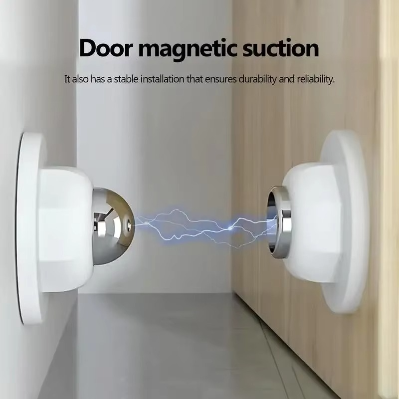 White magnetic door stop, a silent door holder & protector, ideal for household use with easy adhesive setup.