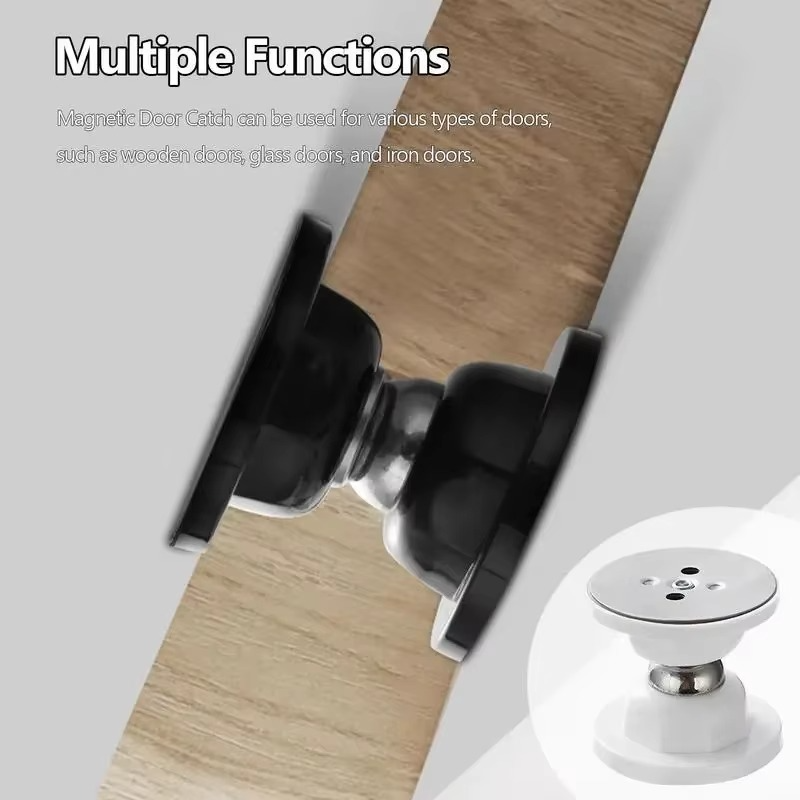 No-drill adhesive magnetic door stop in black, a sleek door accessory for modern decor & effective door control.
