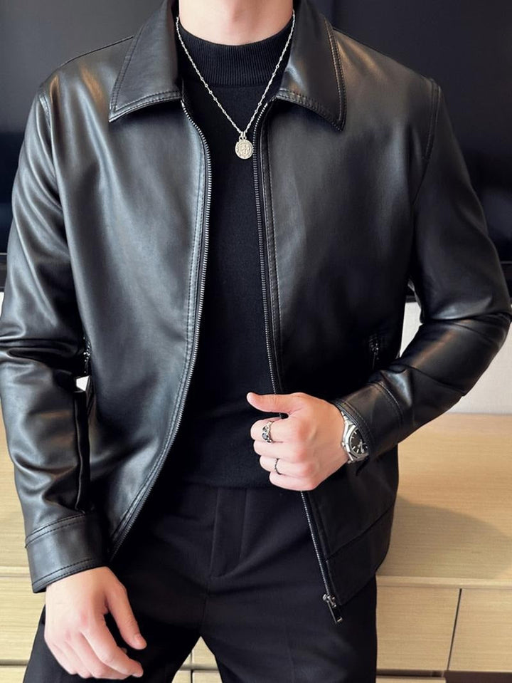 Sleek black men's Amalfi moto jacket, ideal for an edgy biker style. Premium men's outerwear with a modern fit.