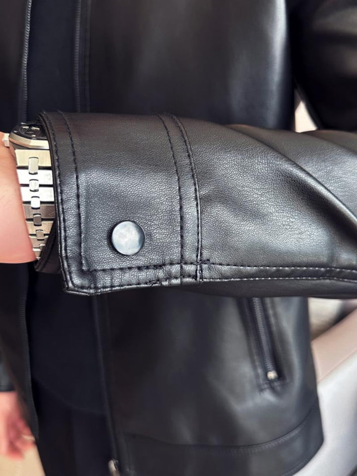 Black men's Amalfi moto jacket, featuring a sleek design for an edgy biker style. Modern men's fashion outerwear.