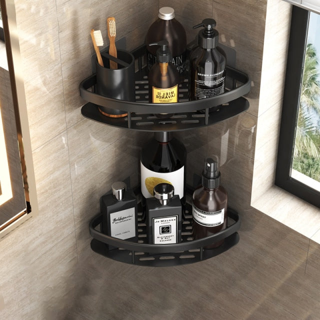 Black metal bathroom organizer, suction cup design, maximizes space in your shower area.