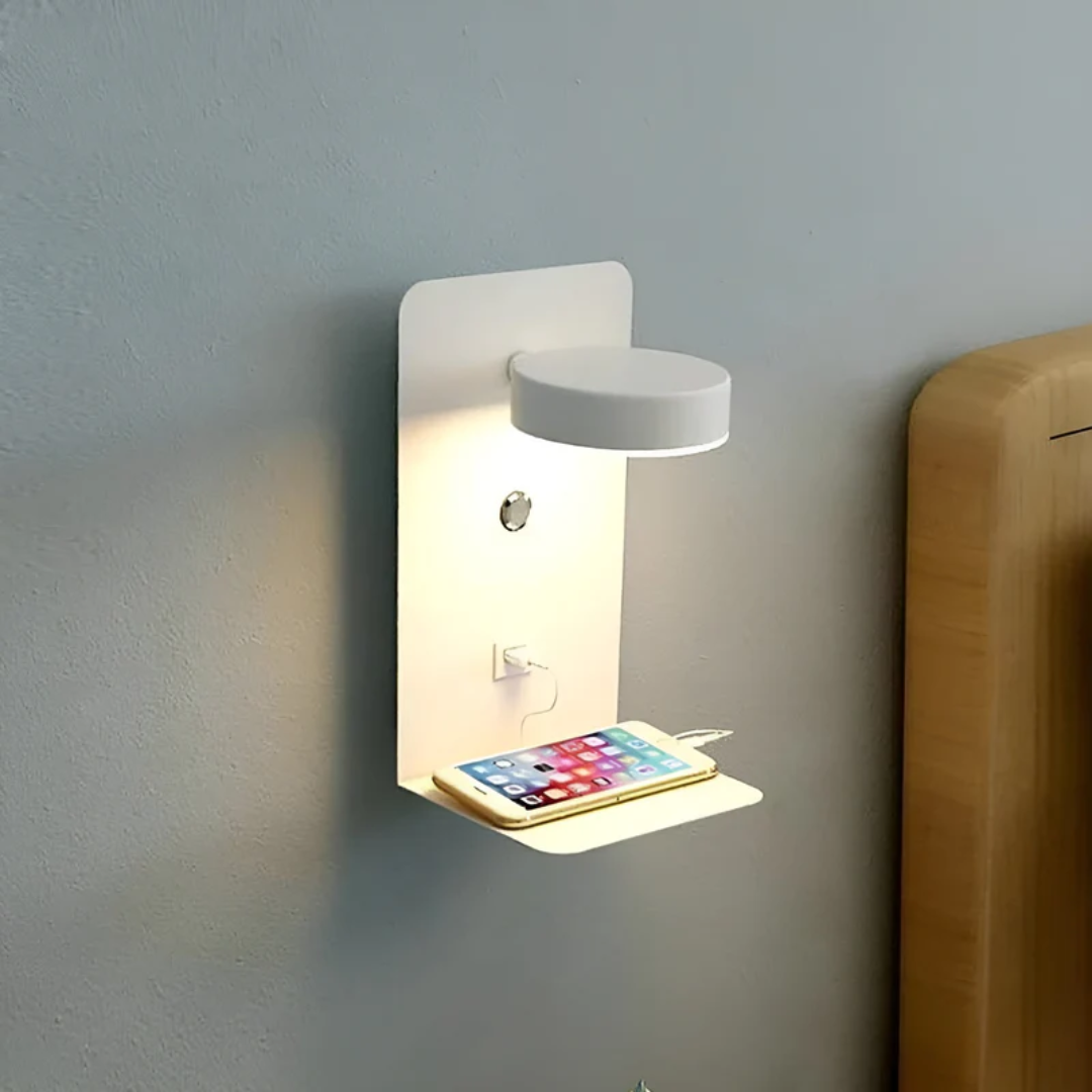 Sleek Modern LED Wall Lamp with Integrated USB Charging Port for bedroom, living room. Energy-efficient home decor.