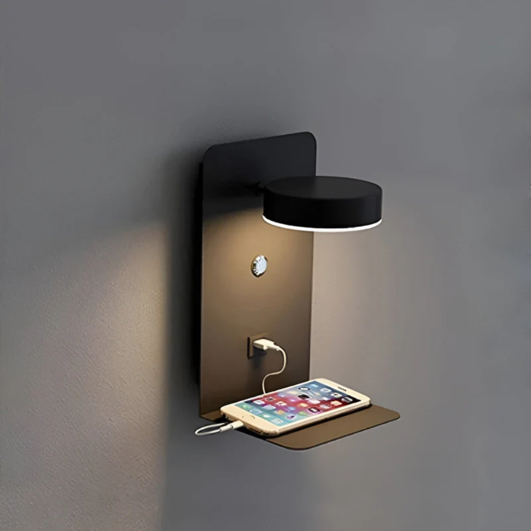 Contemporary PowerGlow LED wall light with USB charger. Ideal for modern home, office, bedroom decor.