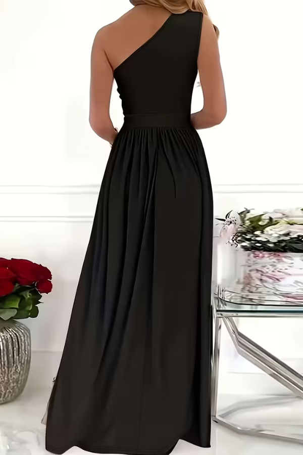 Elegant slim fit one shoulder maxi dress for women, ideal for formal parties & evening events.