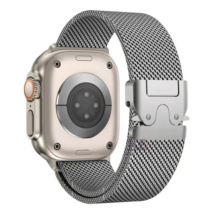 Scratch-resistant stainless steel Apple Watch band. A durable and stylish unisex metal watch strap accessory.
