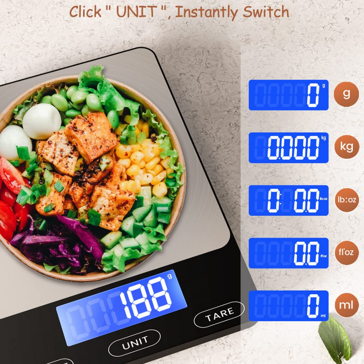Rechargeable precision kitchen scale with a clear display, ideal for baking, cooking & meal prep accuracy.