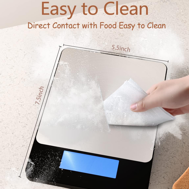 Accurate digital kitchen scale in stainless steel, designed for precise food, spice, and liquid measurements.