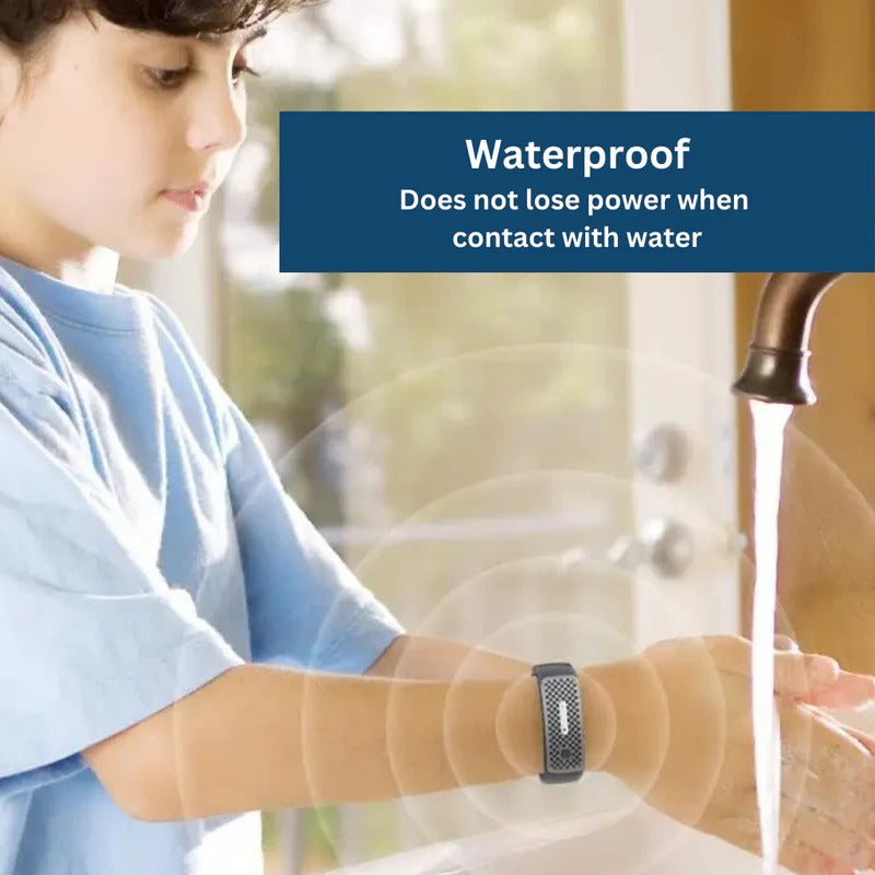 Outdoor enthusiast wearing an ultrasonic mosquito repellent bracelet for ultimate insect control.