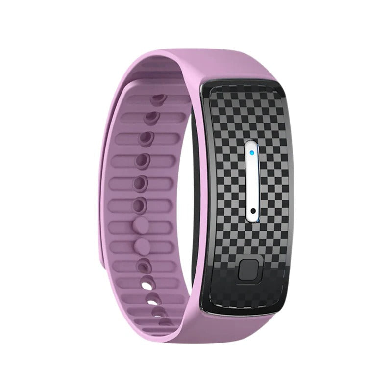 Portable ultrasonic mosquito repellent bracelet on a wrist outdoors, offering chemical-free protection.