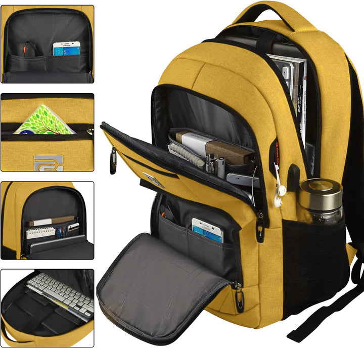 Side view of slim laptop backpack, highlighting water repellent fabric & USB access.