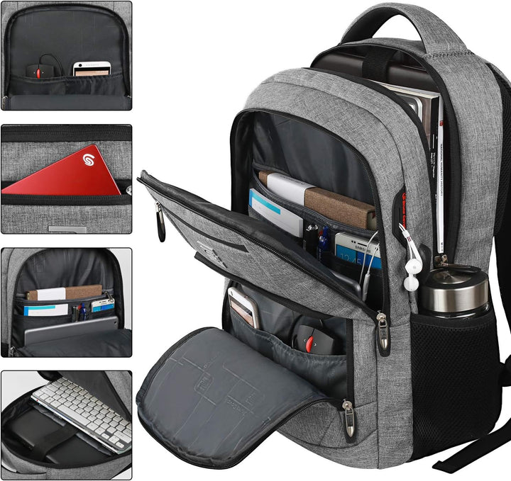 Interior of organized anti-theft backpack, padded laptop sleeve & various pockets.