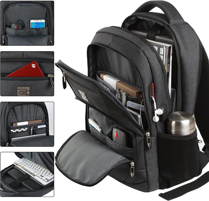 Spacious main compartment of anti-theft travel backpack, holding clothes & tech.
